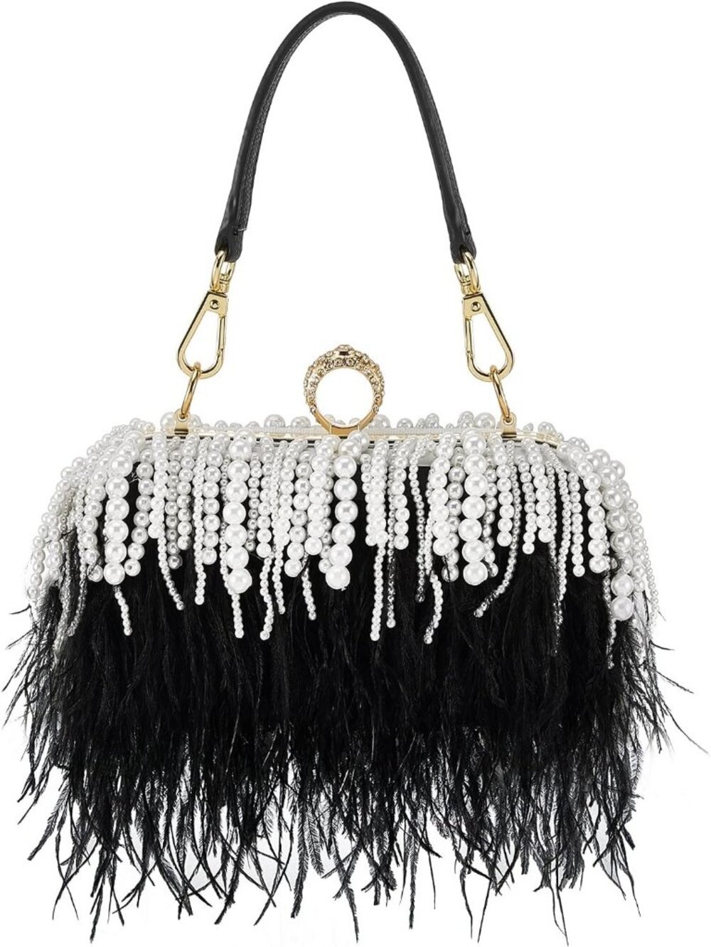Women's Black Pearl Feather Purse Fluffy Ostrich Clasp Cocktail Evening Handbag